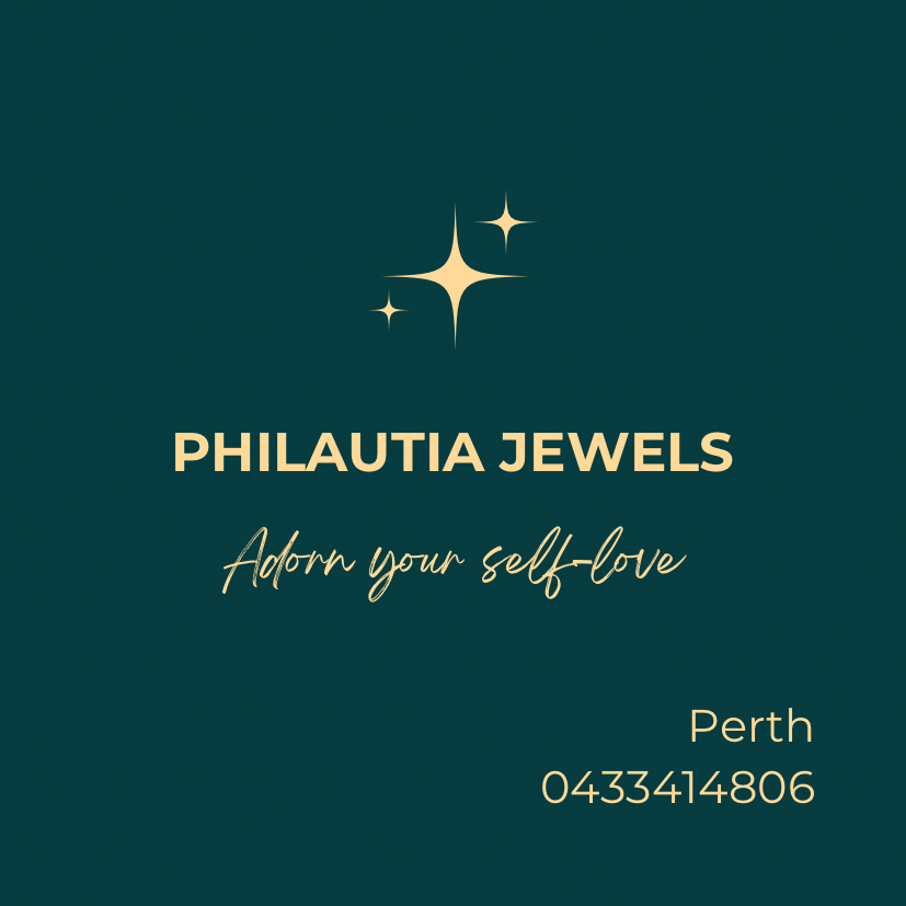 Philautia Jewels brand card — starburst logo on forest green with Perth contact